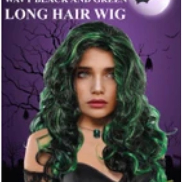 Wavy Black Long Hair Wig with Green Streaks - Picture 1 of 1